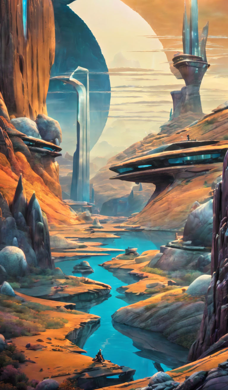 Futuristic landscape with towering rock formations and advanced structures