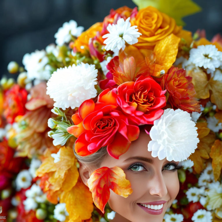 Woman with Blue Eyes Wearing Floral Headpiece Smiles Softly