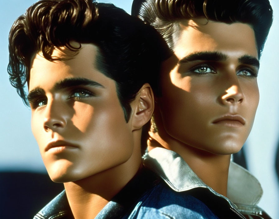 Two men in denim jackets with styled hair and strong jawlines.