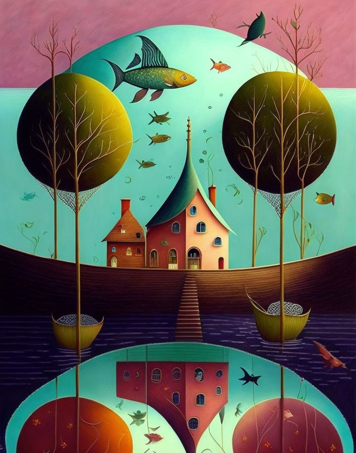 Colorful Fish and Mirrored House in Dream-like Painting