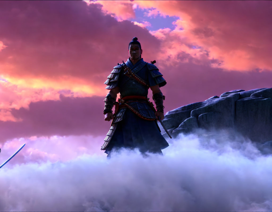 Warrior in ancient armor on cliff in mist with purple and orange sky