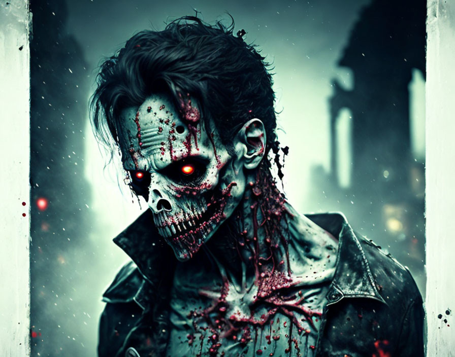 Person with zombie makeup showcasing bloody skull face and glowing red eyes