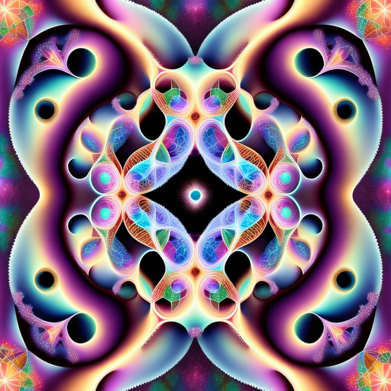 Symmetrical fractal design with vibrant purples, blues, and pinks