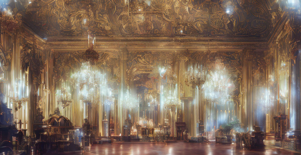 Luxurious Room with Golden Ceilings and Crystal Chandeliers