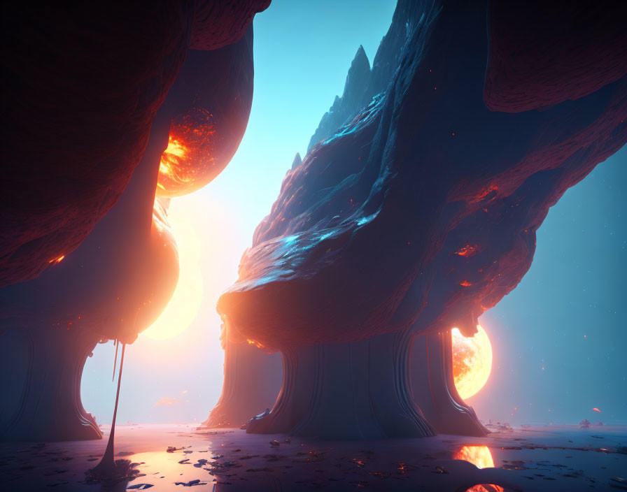 Surreal landscape with glowing orbs and massive rock formations