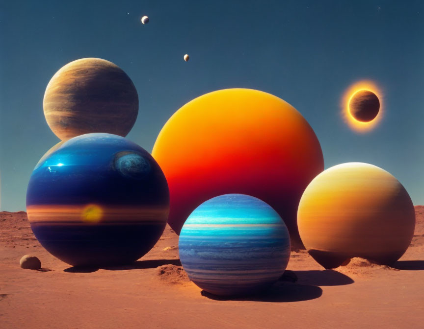 Colorful surreal landscape with various-sized spheres against a clear sky