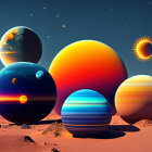 Colorful surreal landscape with various-sized spheres against a clear sky