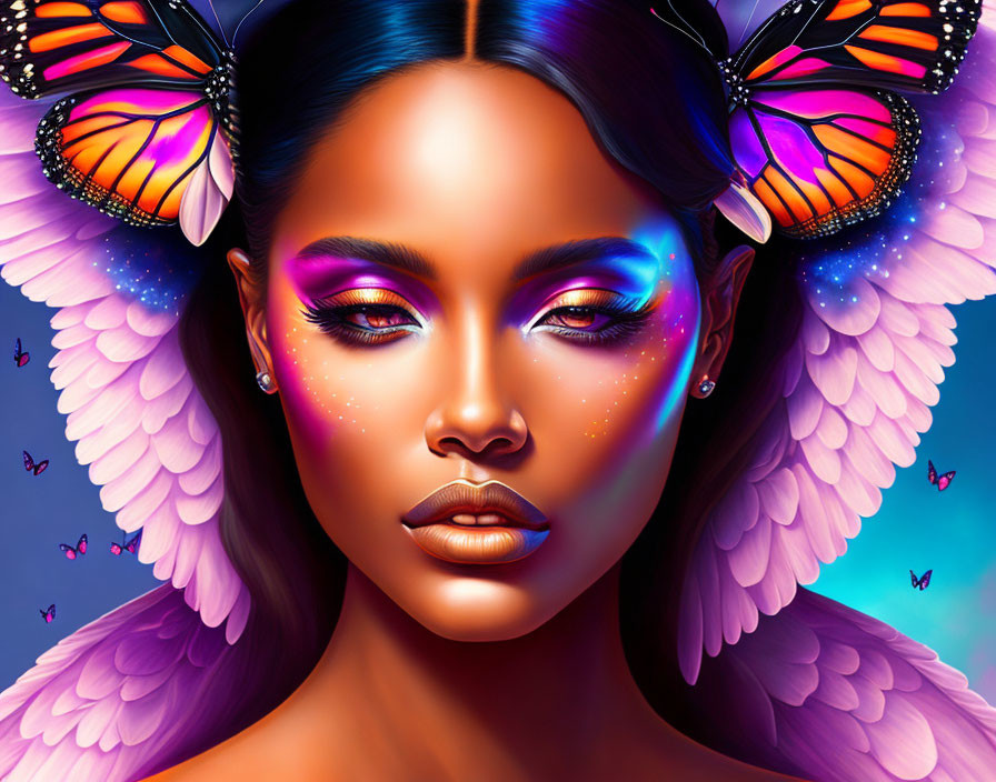 Digital art portrait featuring woman with purple eyeshadow, angel wings, and butterflies.