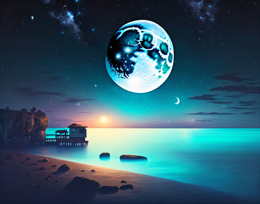 Surreal beach scene at twilight with moon, stars, crescent, stilt house, and