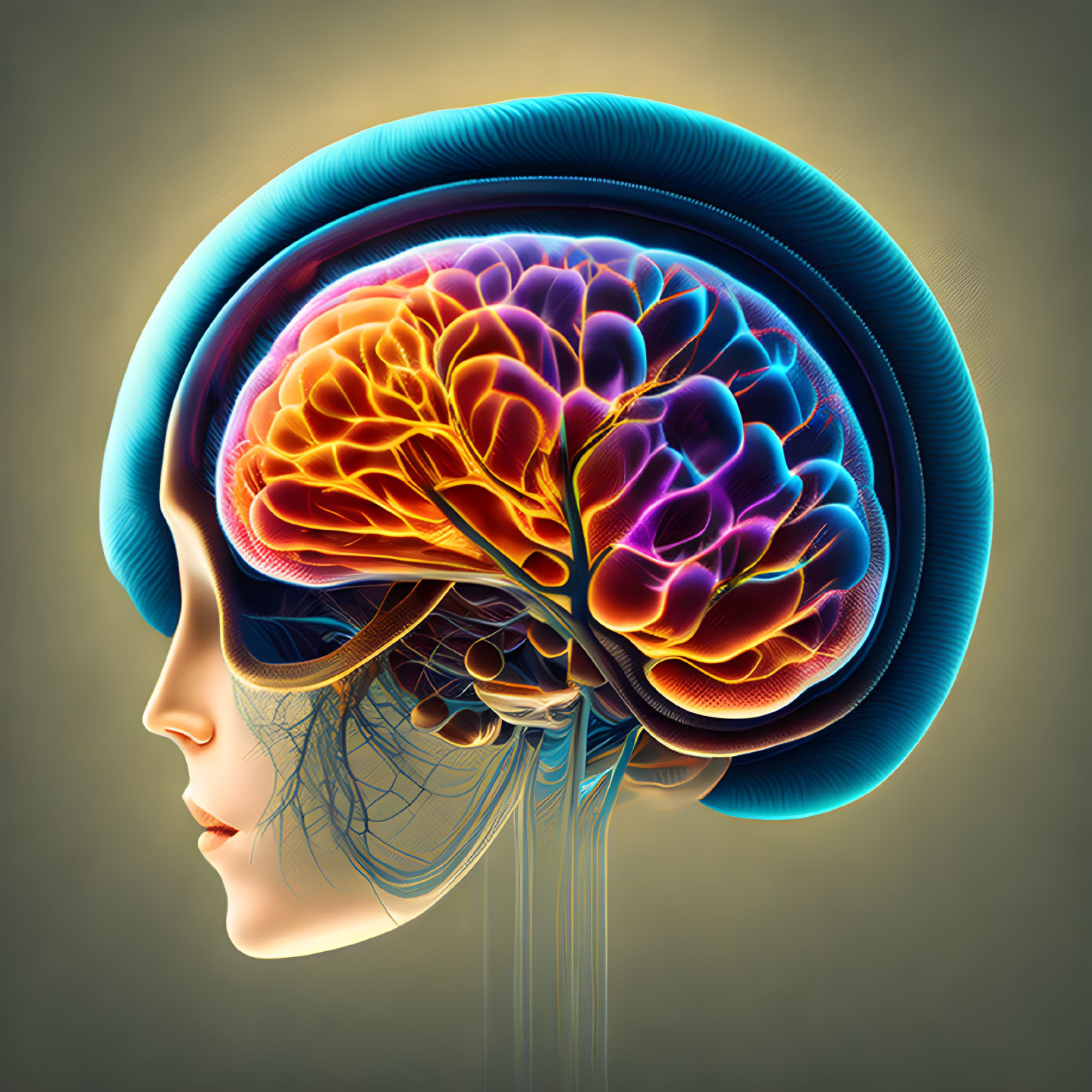 Colorful Brain Illustration in Human Head Profile