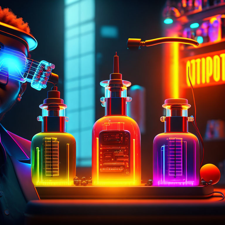 Silhouette with cybernetic glasses observing futuristic vials in vibrant sci-fi scene