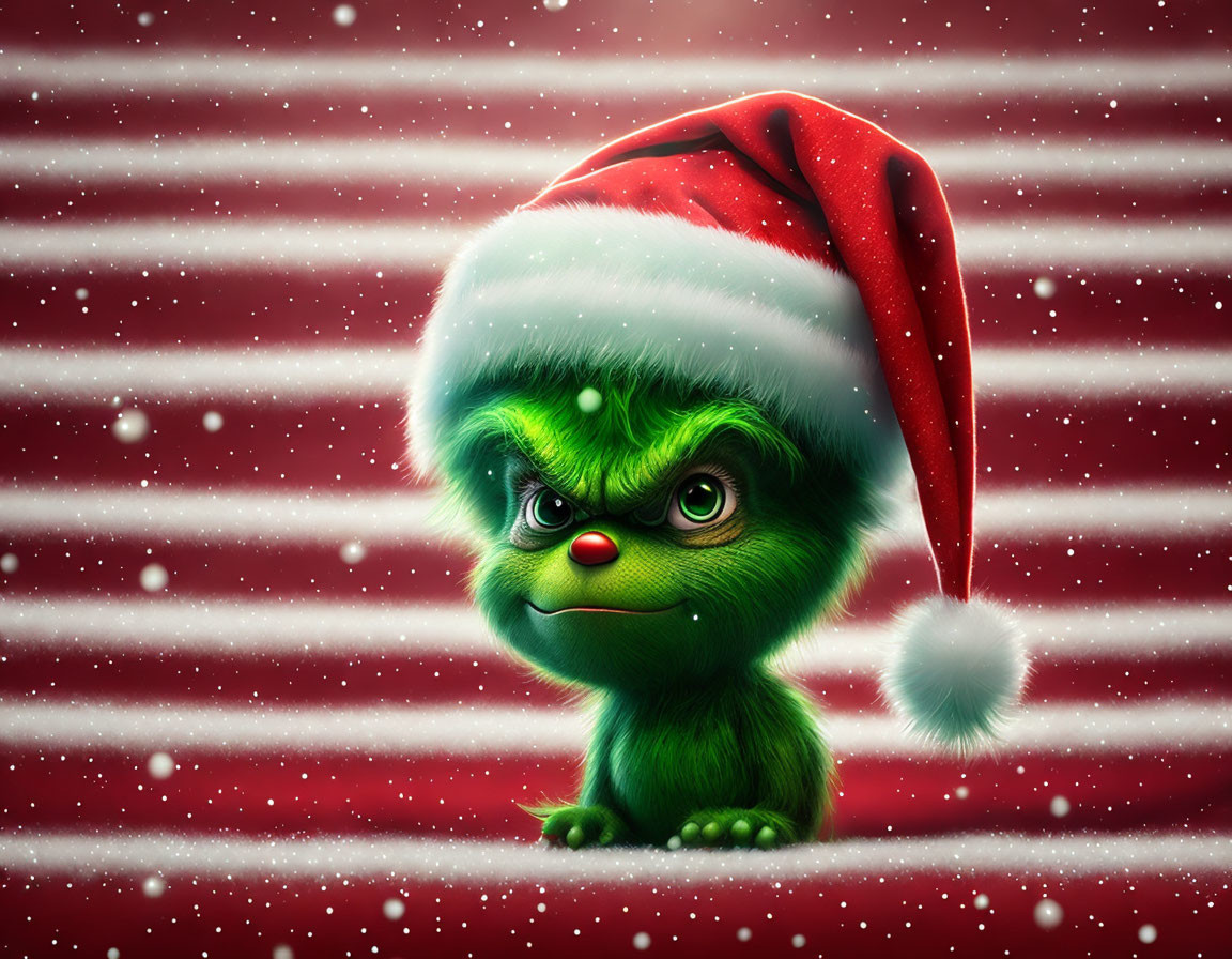 Grumpy green furry character in Santa hat on snowy red background