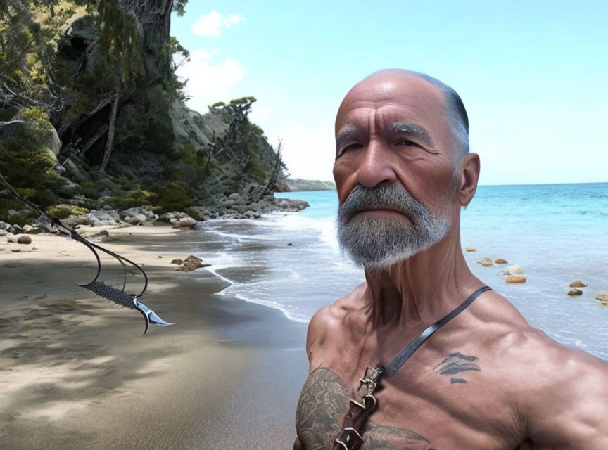 Elderly Tattooed Man with Beard on Tranquil Beach