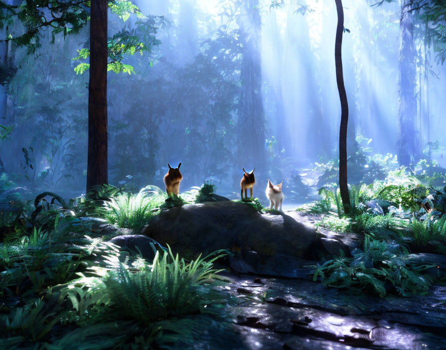 Foxes on Rock in Misty Forest with Green Foliage