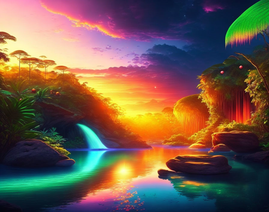 Tropical landscape with waterfall, river, lush vegetation, and colorful sunset.