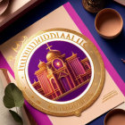 Embossed golden coin with Cyrillic church on purple background