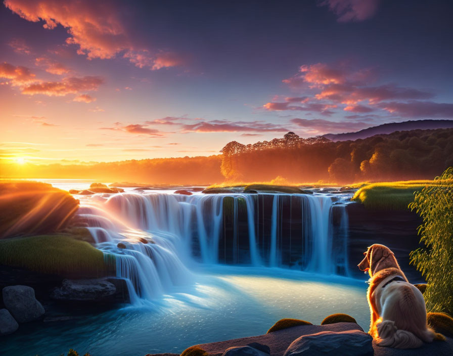 Dog by Majestic Waterfall at Vibrant Sunset with Pink and Purple Clouds