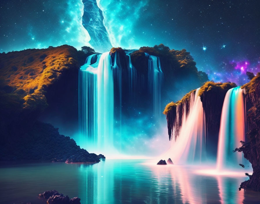 Surreal landscape with glowing waterfall under starry sky