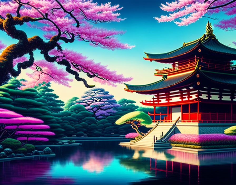 Traditional Japanese pagoda by calm lake with cherry blossoms and twilight sky