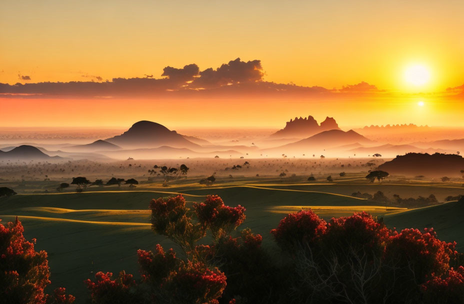 Scenic sunrise landscape with hills, mountains, mist, trees, and red flowers