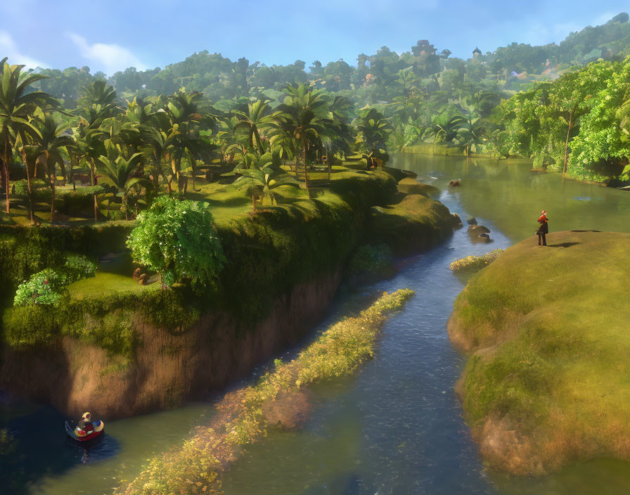 Tranquil river in lush tropical landscape with palm trees and person by riverbank