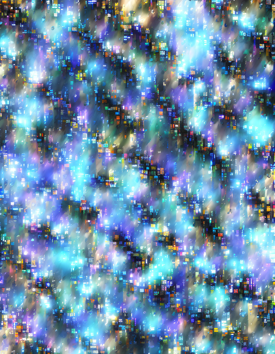 Colorful Abstract Pixelated Squares on Blurry Cosmic Background