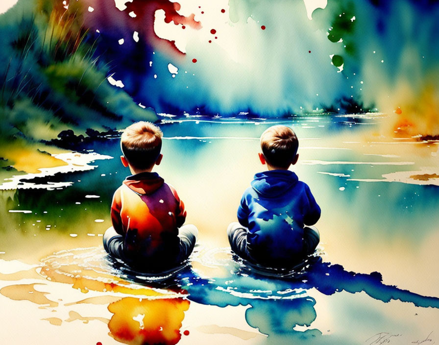 Vibrant abstract watercolor painting of children by water's edge