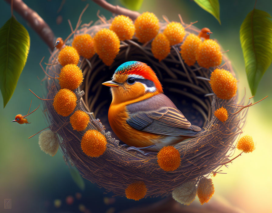 Colorful bird in nest with berries & other birds on branches