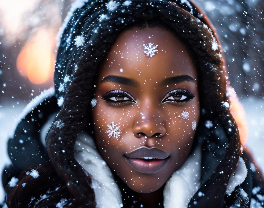 Woman with snowflakes on face and hood in wintry background