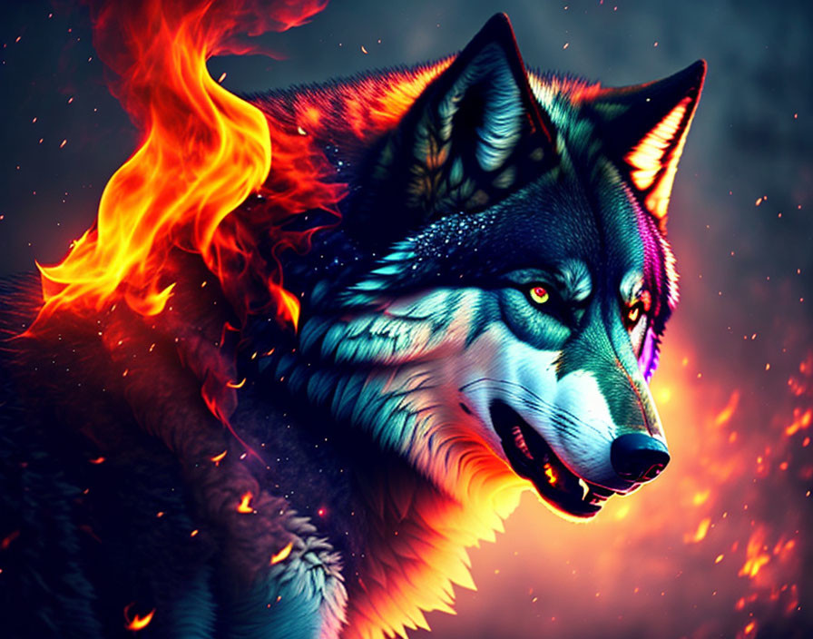 Flaming wolf illustration on dark background