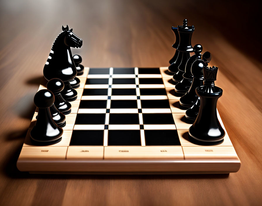 Chessboard close-up with focused pieces on one side against blurred background