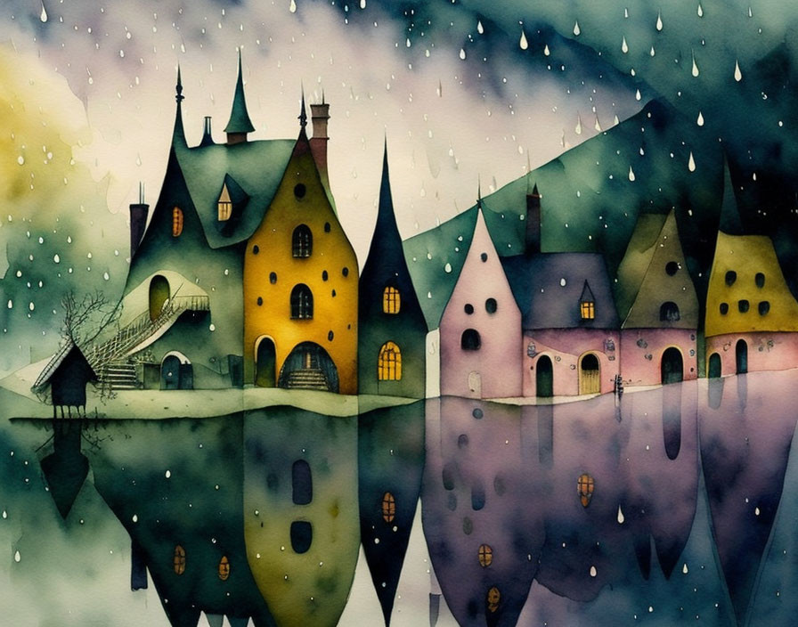 Colorful watercolor painting of quirky houses under a starry sky