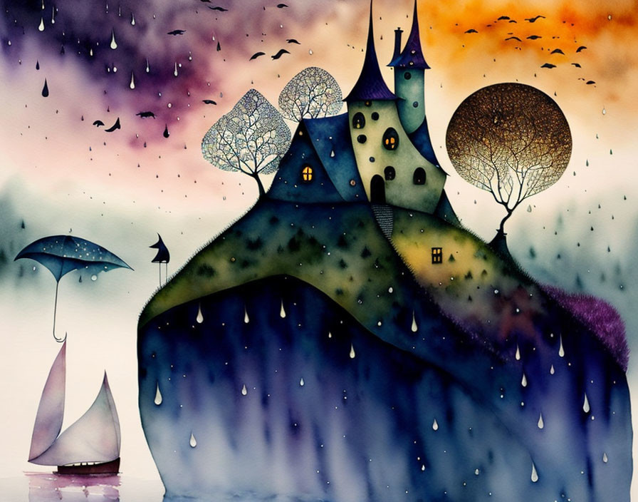 Whimsical art: sailboat, umbrella, castle, trees, purple sky, raindrops