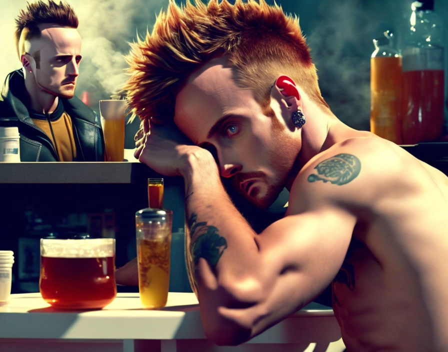 Man with mohawk and tattoos reflecting in bar mirror with beer.