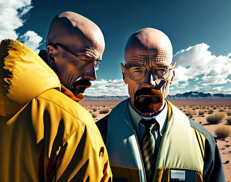 Illustrated characters in yellow and green in desert setting