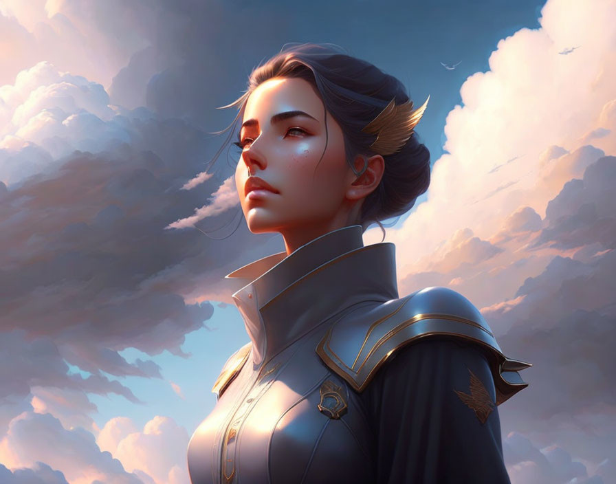 Short-haired female character in armor gazes under dramatic sky.