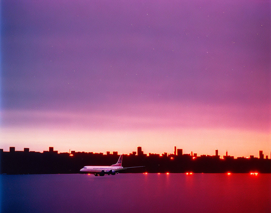 Twilight sky with stars: Plane landing with city silhouette reflection