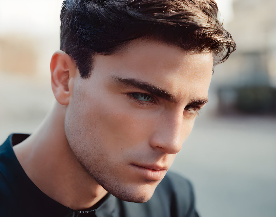 Young man with dark hair and intense green eyes in close-up portrait.