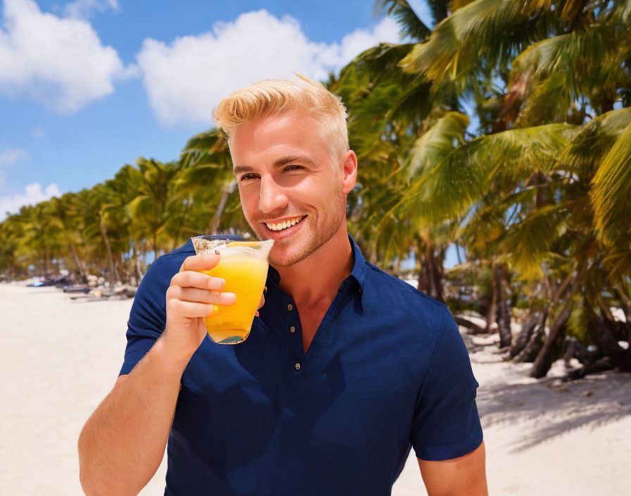 Blond man smiling with drink on sunny beach