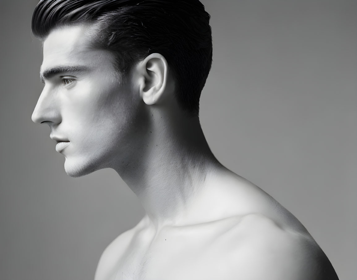 Young man with styled hair in profile against gray background