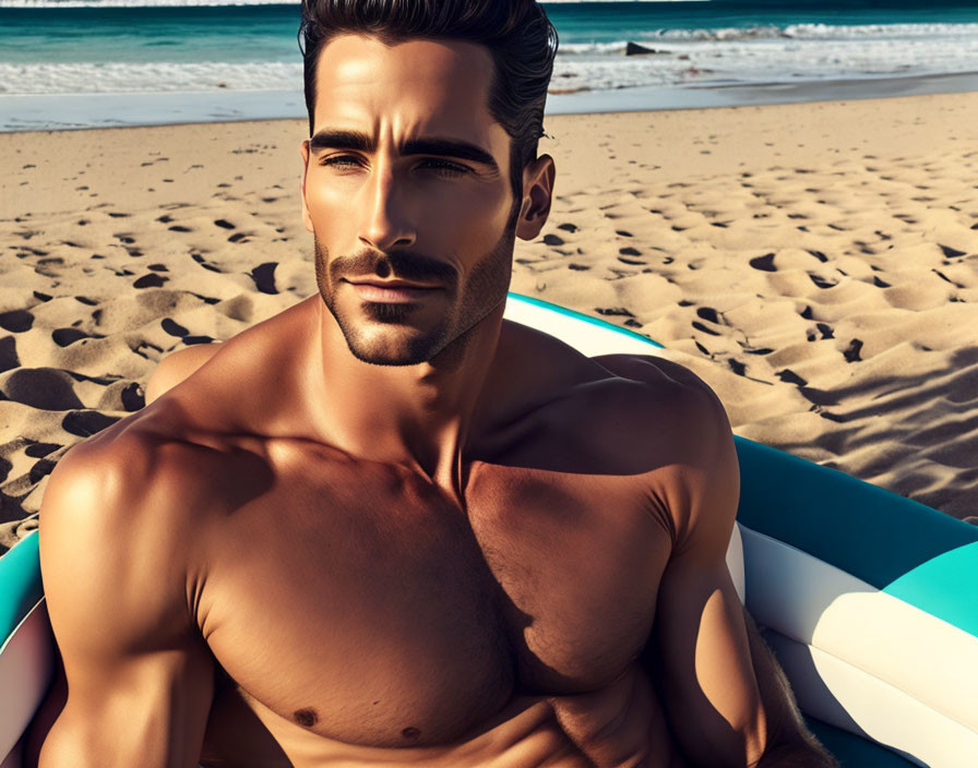 Muscular man with groomed beard posing on beach with surfboard