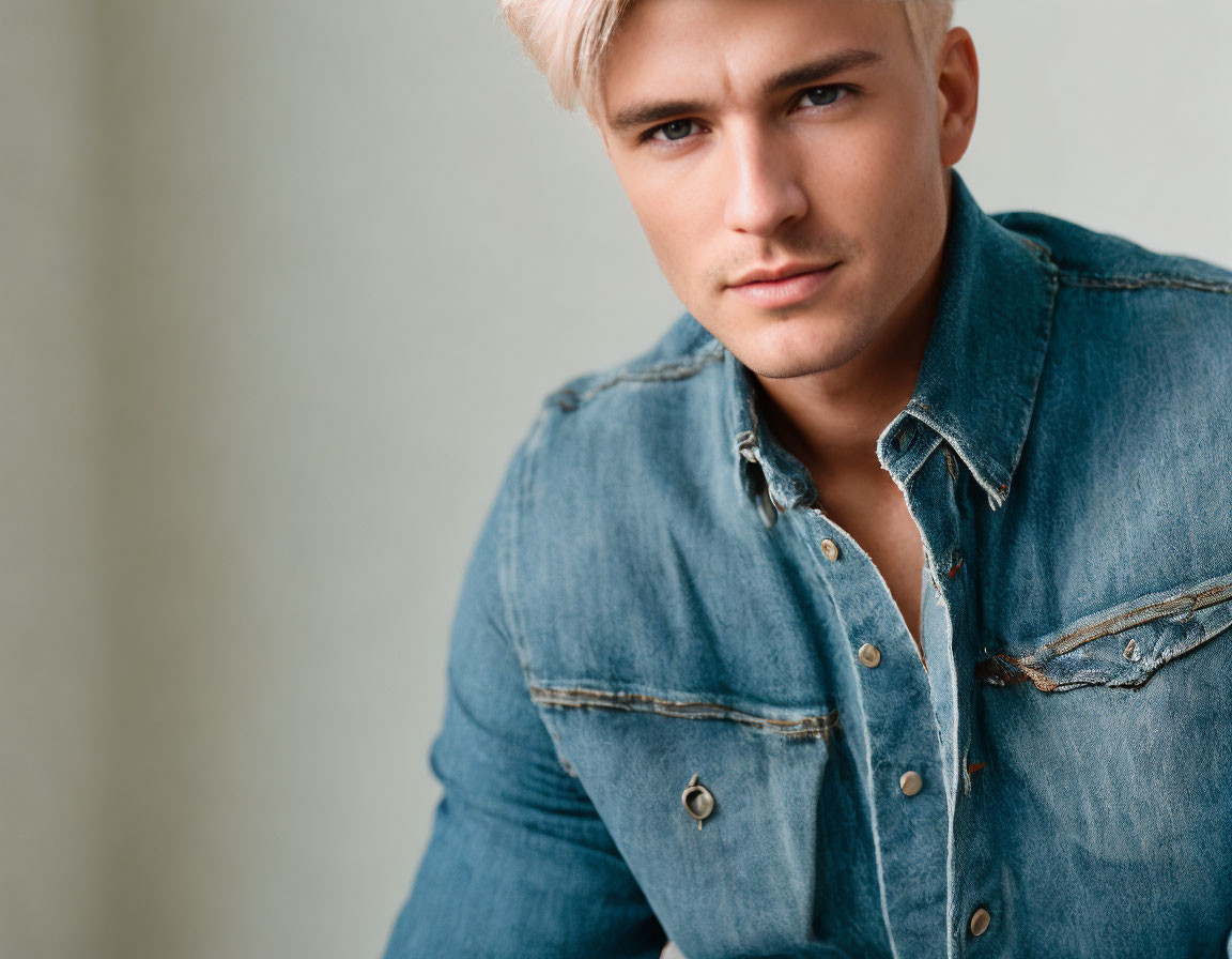 Blonde Young Man in Denim Jacket with Serious Expression