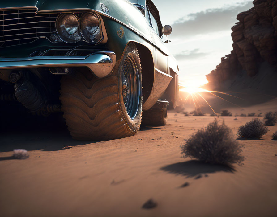 Classic Car in Desert Sunset with Chrome Details