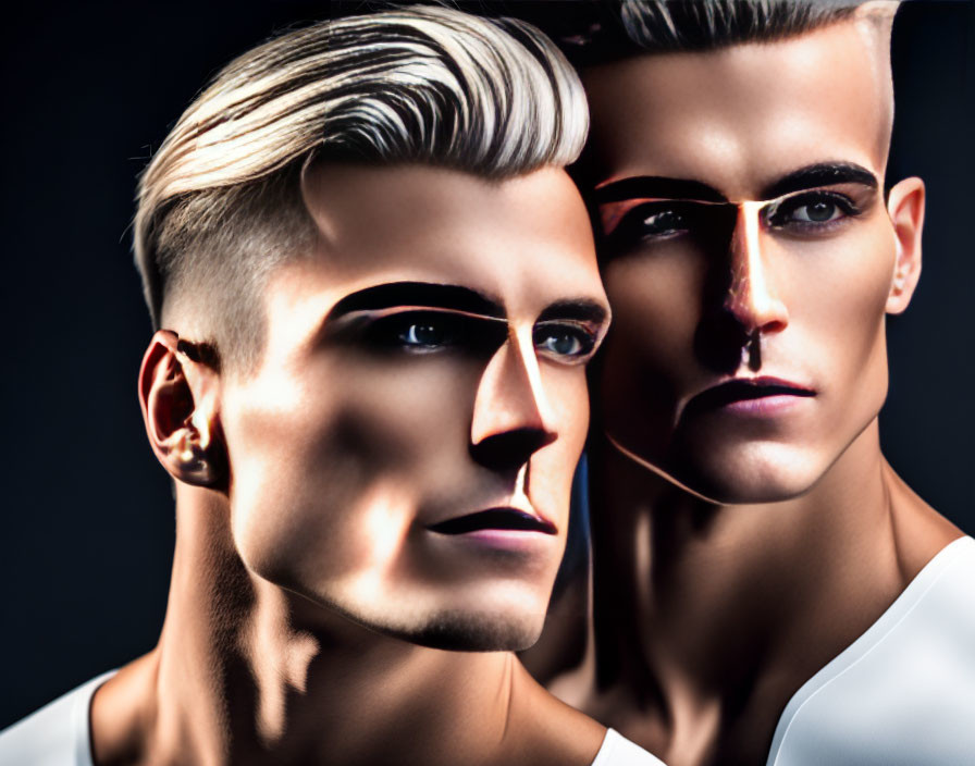 Stylized male figures with sharp features in shadowy setting