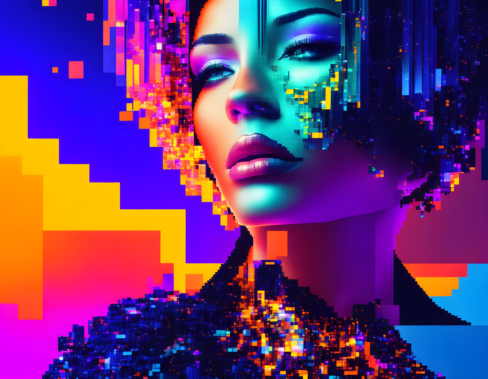 Colorful pixelated digital artwork of a woman's face against abstract backdrop