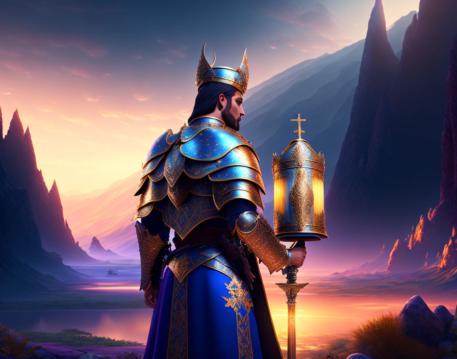 Knight in Blue and Gold Armor with Lantern on Purple Landscape at Dawn