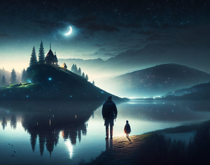 Adult and child by lakeshore under starry night sky with crescent moon and hilltop castle