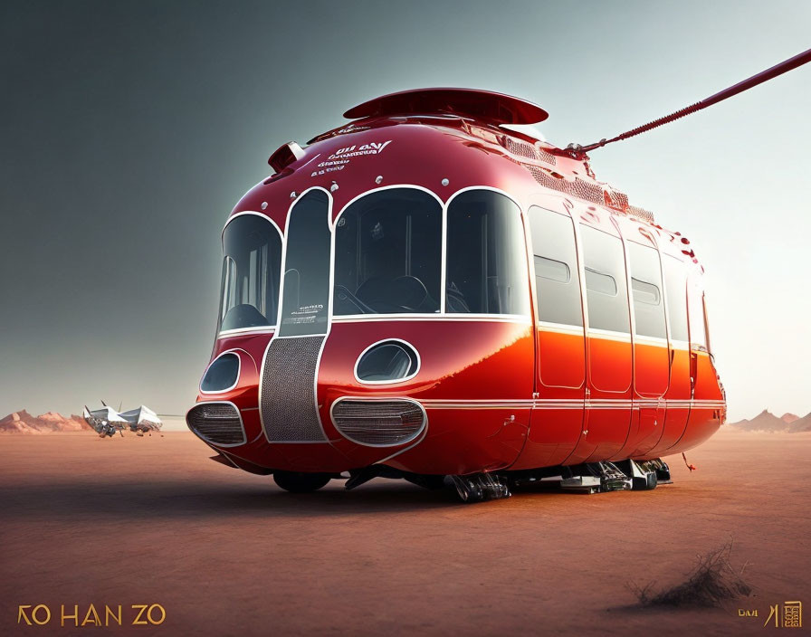 Red futuristic helicopter on sandy Mars surface with another aircraft