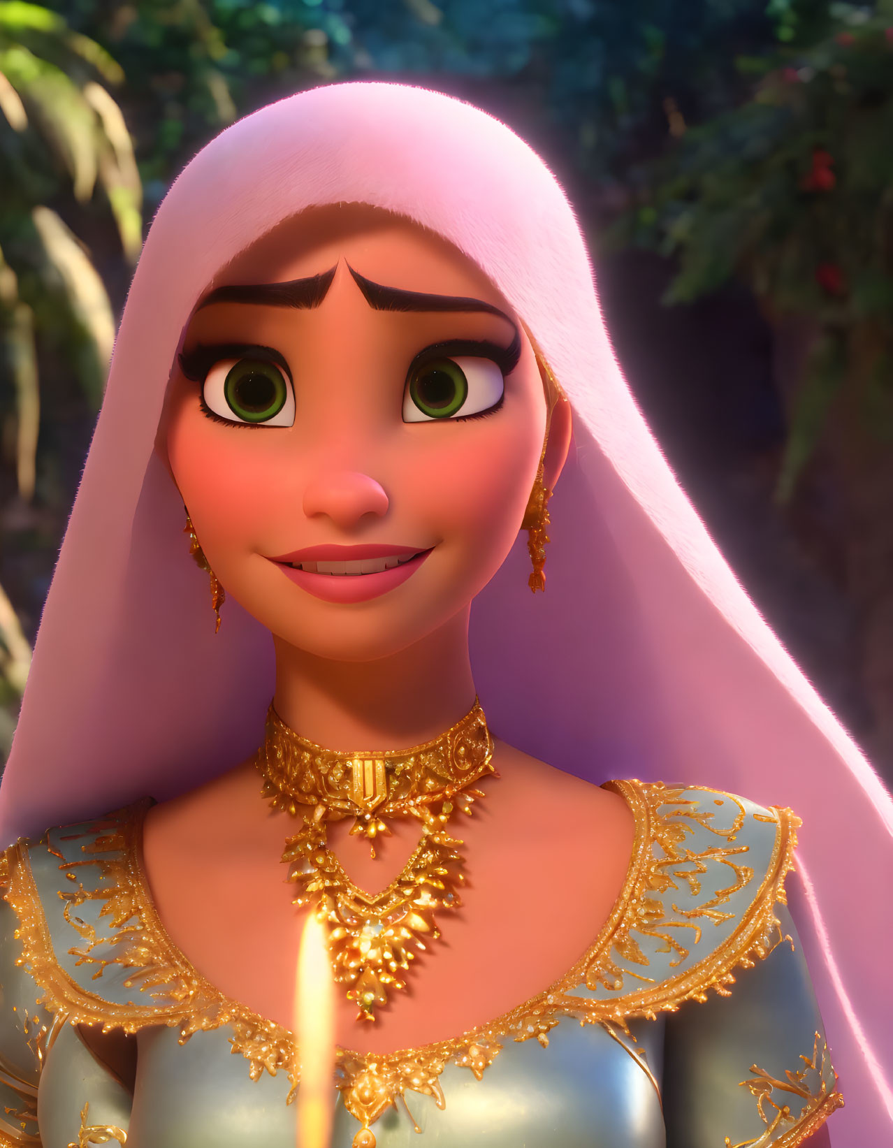 Pink headscarf, gold jewelry, and traditional outfit on animated character in forest.