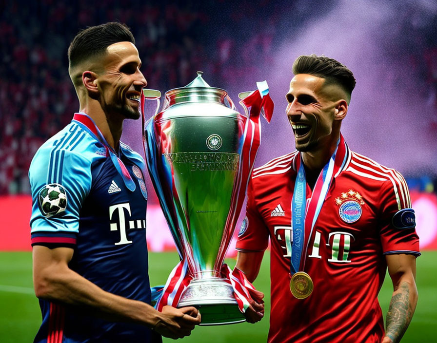 Soccer players in matching uniforms with trophy celebrating victory